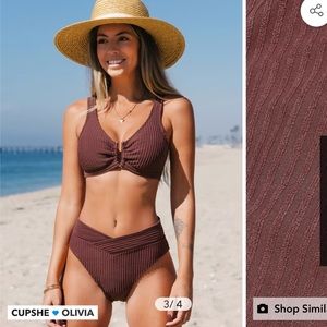 Downy Rib V-Wire Bralette & V-Front High Waist Cheeky Bikini Set Cupshe